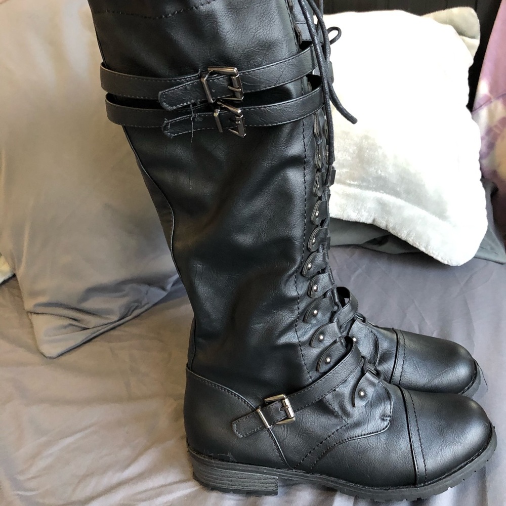 Ameta Black Strappy Lace Up Knee High Combat Boots